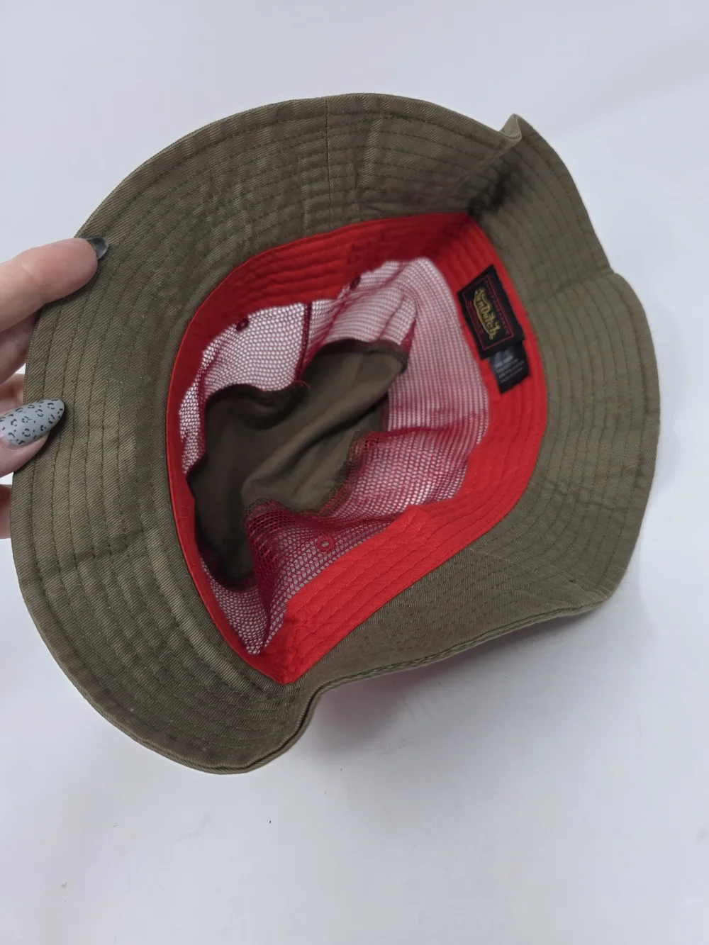 Vintage Von Dutch Y2K Olive Green Red Mesh Bucket Sun Hat 60cm